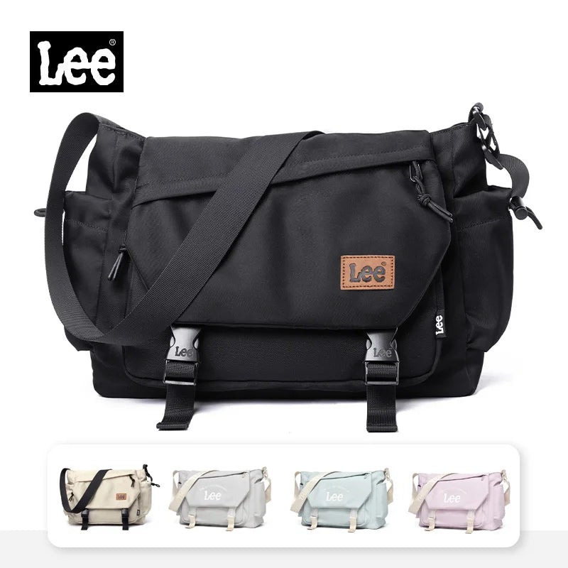 Black messenger bag with Lee logo on a white background