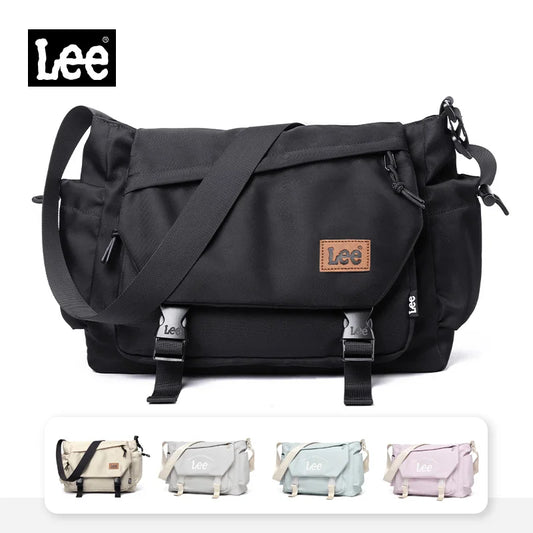 Black messenger bag with Lee logo on a white background