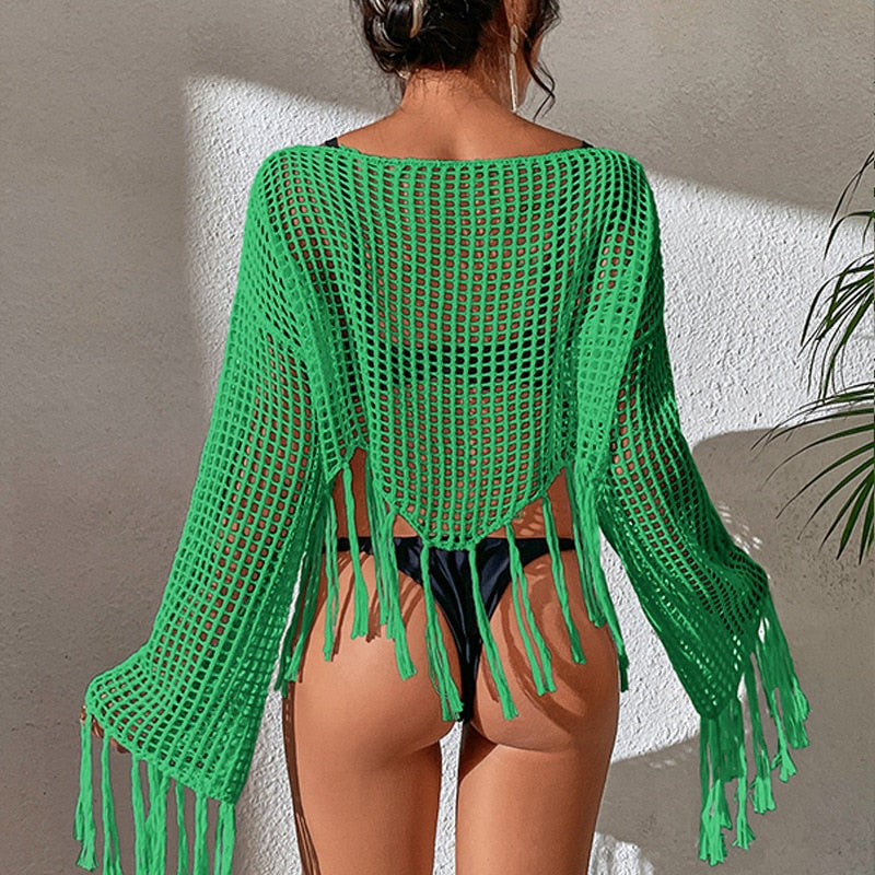 See-Through Tassel Smock Crop Cover-Up