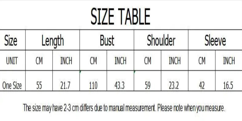 Size table for clothing with measurements in centimeters and inches.