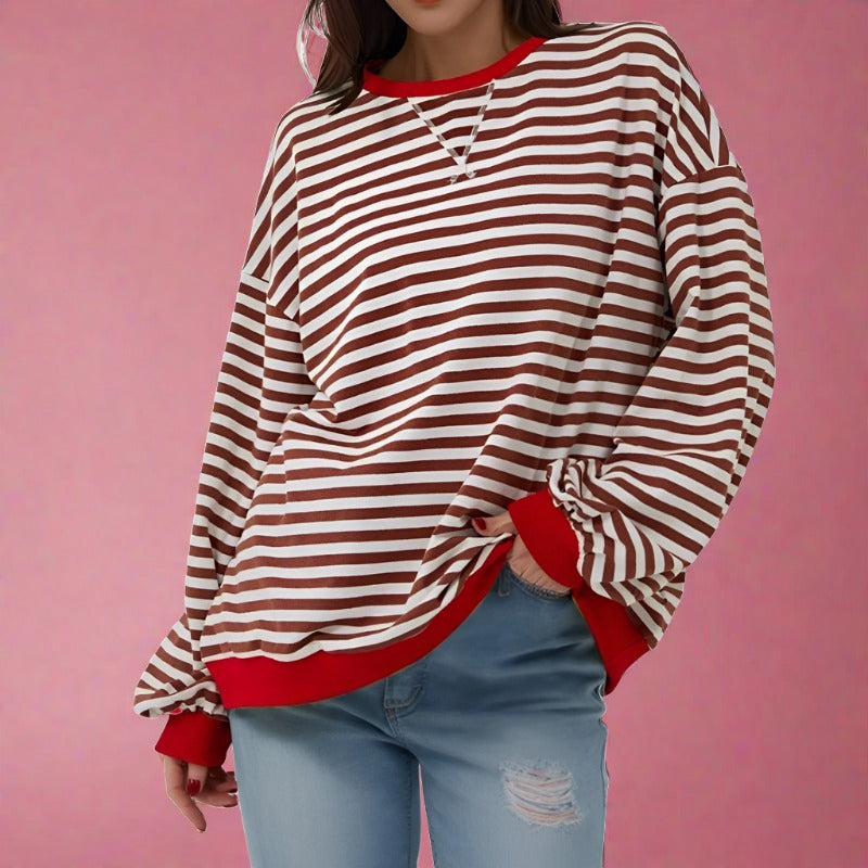 Oversized Vibes: Long Sleeve Striped Color Block Women's Top