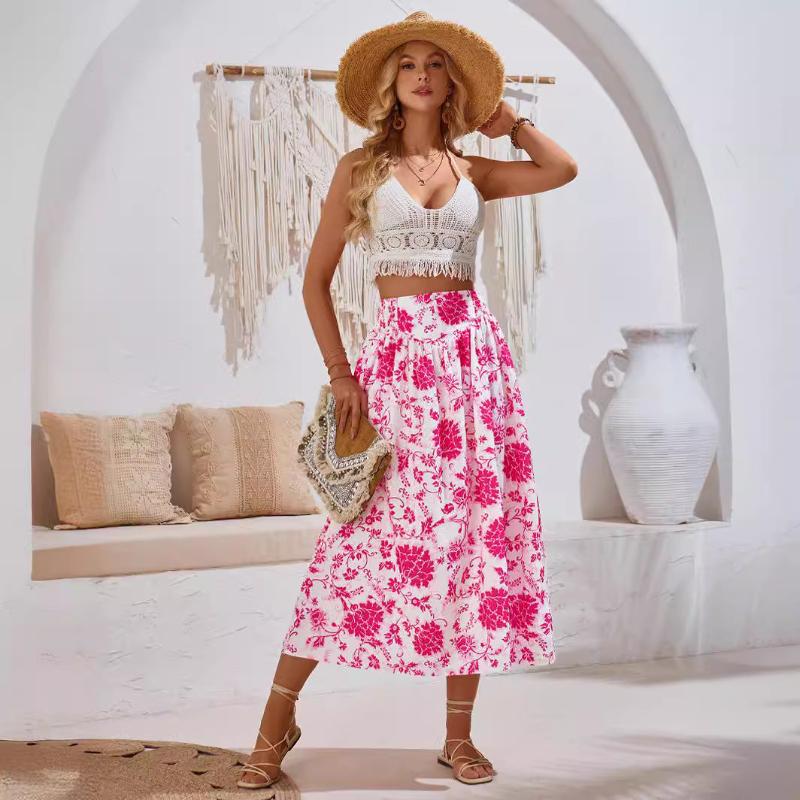 Feminine Floral Skirt: High-Waisted Casual & Stylish Mid-Length Skirt