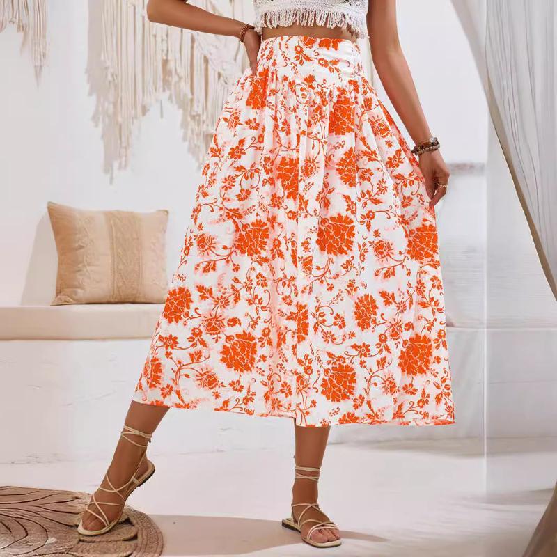 Feminine Floral Skirt: High-Waisted Casual & Stylish Mid-Length Skirt