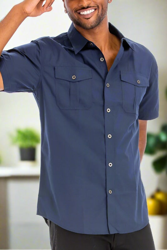 Classic Comfort: Two-Pocket Button-Down Short Sleeve Navy Shirt