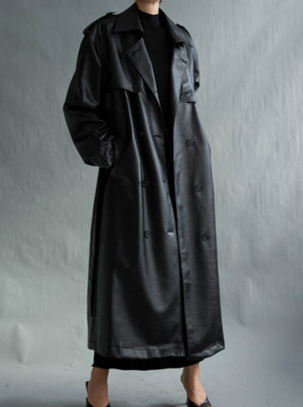 Commanding Presence: A Longline Faux Leather Trench Coat For Women