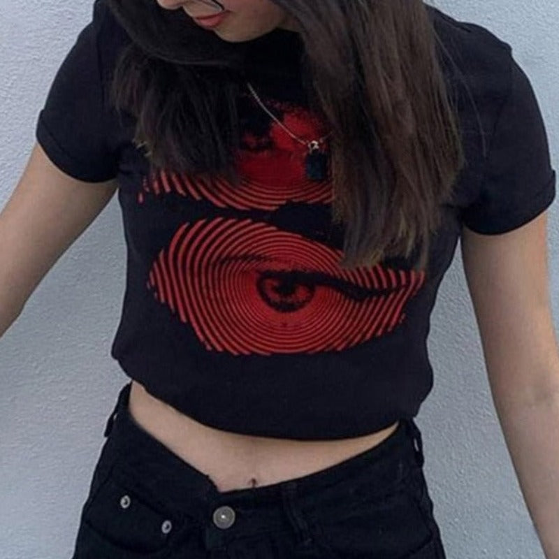 Make A Statement: Bold Red Graphic Pops On Black Crop Top