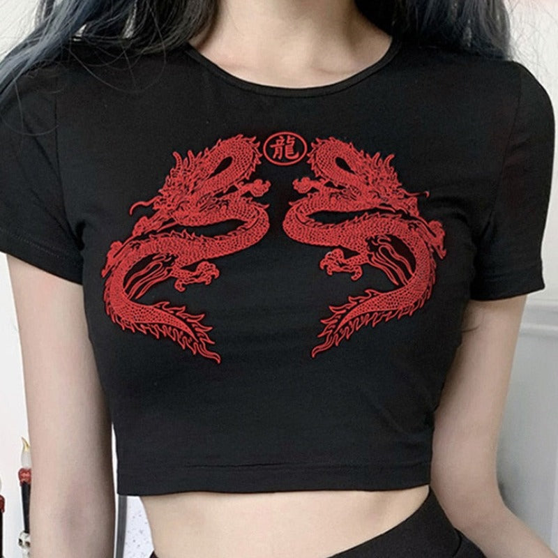 Short Sleeve Dragon Print Women's Crop Top