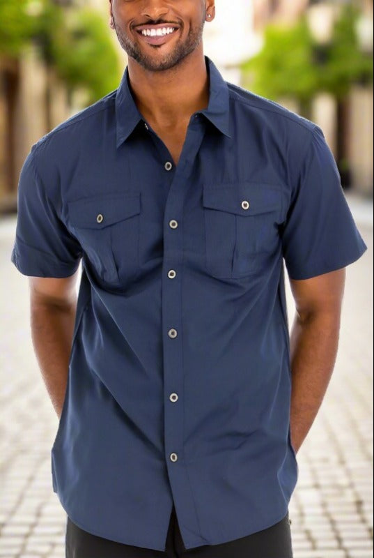 Classic Comfort: Two-Pocket Button-Down Short Sleeve Navy Shirt