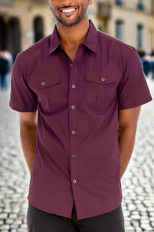 Classic Comfort: Two-Pocket Button-Down Short Sleeve Burgundy Shirt