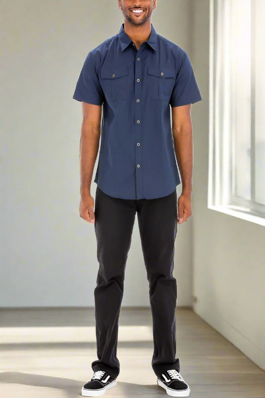 Classic Comfort: Two-Pocket Button-Down Short Sleeve Navy Shirt