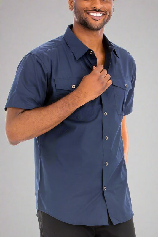 Classic Comfort: Two-Pocket Button-Down Short Sleeve Navy Shirt